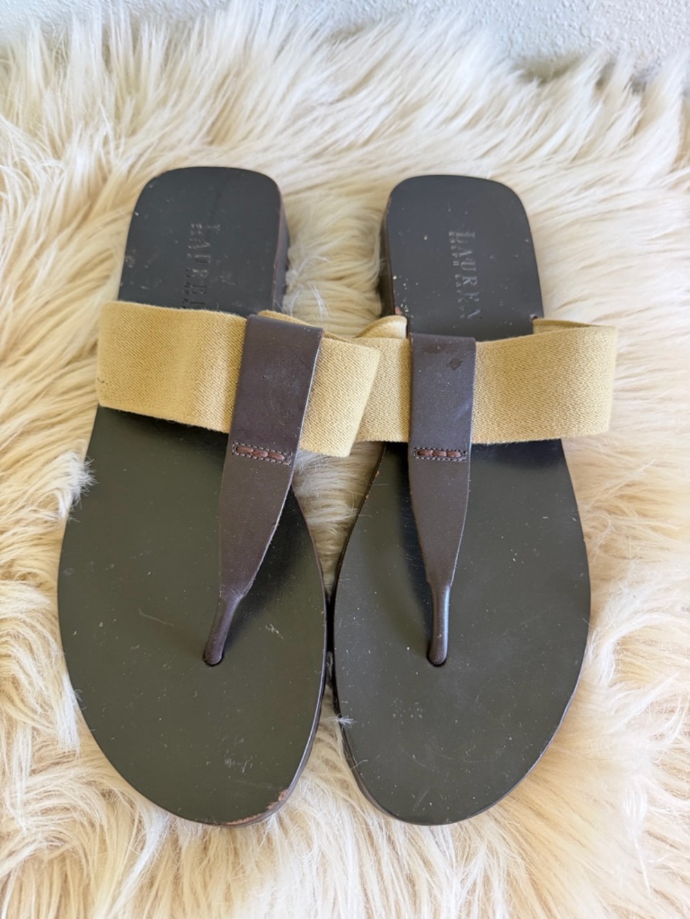 Lauren Ralph Lauren Brown Leather and Tan Fabric Toe-Post Sandals